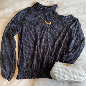 Allison Joy Blue Printed Blouse with Should Cut Out and Smocked Hem